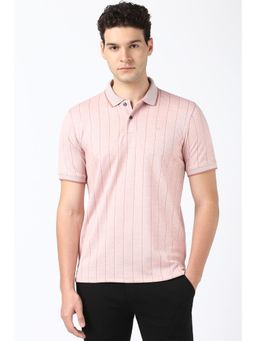 Peter England - Mens Peach Stripes Polo Neck T-Shirt