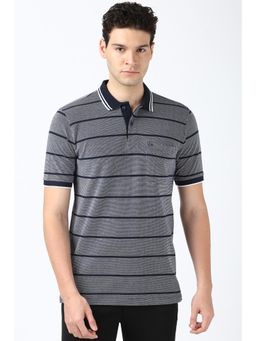 Peter England - Mens Navy Blue Stripes Polo Neck T-Shirt