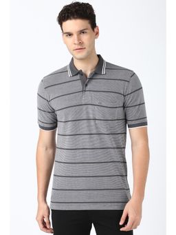 Peter England - Mens Grey Stripes Polo Neck T-Shirt