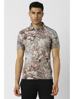 Van Heusen - Mens Grey Floral Printed Polo Neck T-Shirt