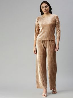 SHOWOFF - Women Above Knee Round Neck Beige Solid Co-Ord (Set of 2)