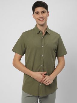 R&B - Olive Cotton Regular Fit Spread Collar Solid Men's Shirt