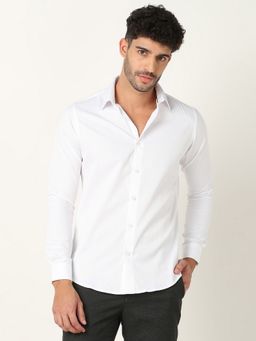 R&B - White Cotton Blend Slim Fit Spread Collar Dobby Weave Men's Shirt