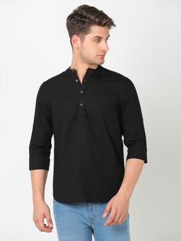 R&B - Black Cotton Regular Fit Mandarin Collar Solid Men's Shirt
