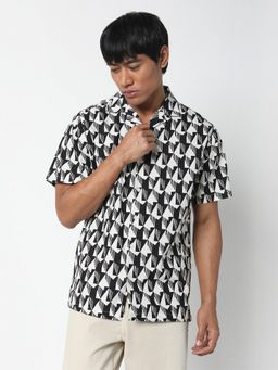 R&B - Black Cotton Relaxed Fit Cuban Collar Abstract Print Short Sleeve Men's Shirt
