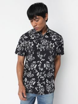 R&B - Men's Black Floral Printed Casual Shirt