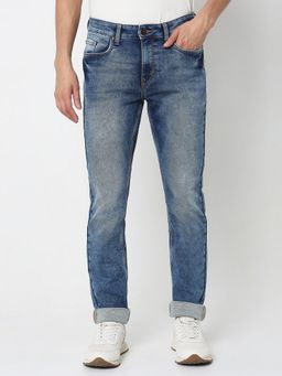 R&B - Blue Cotton Slim Fit Mid-Rise Solid Cuffed Men's Jeans