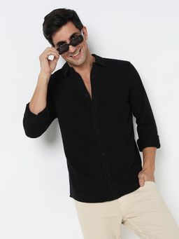 R&B - Black Cotton Regular Fit Point Collar Solid Men's Shirt