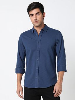 R&B - Navy Blue Cotton Regular Fit Point Collar Solid Men's Shirt