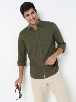 R&B - Olive Cotton Regular Fit Point Collar Solid Men's Shirt
