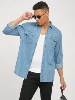 R&B - Men's Blue Solid Full Sleeves Casual Shirt