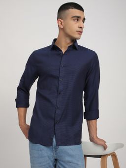 R&B - Navy Blue Polycotton Regular Fit Spread Collar Textured Men's Shirt