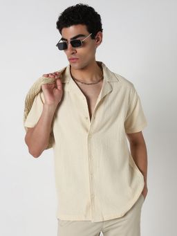 R&B - Ivory Textured Cotton Regular Fit Camp Collar Short Sleeves Men's Shirt