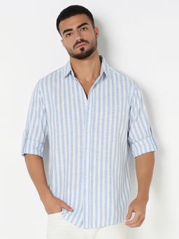 R&B - White Cotton Regular Fit Spread Collar Striped Men's Shirt