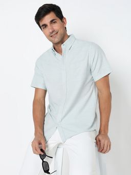 R&B - Blue Polycotton Regular Fit Button-Down Collar Textured Short Sleeves Men's Shirt