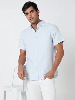 R&B - Blue Polycotton Regular Fit Button-Down Collar Textured Short Sleeves Men's Shirt