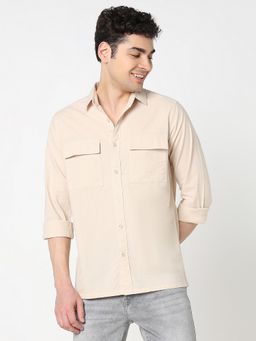 R&B - Beige Cotton Blend Regular Fit Point Collar Solid Men's Shirt