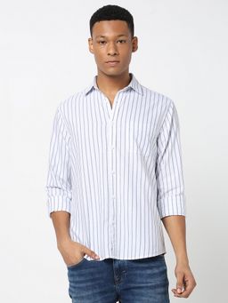R&B - Men's White Striped Full Sleeves Shirt