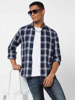 R&B - Men's Navy Blue Checked Full Sleeves Shirt