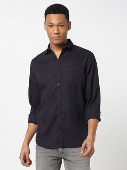 R&B - Navy Blue Cotton Regular Fit Textured Men's Shirt
