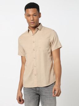 R&B - Men's Beige Solid Half Sleeves Shirt