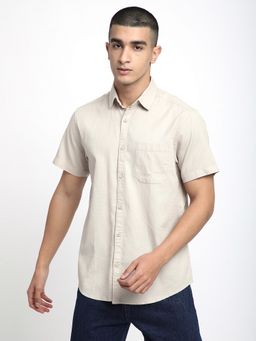 R&B - Beige Cotton Regular Fit Point Collar Solid Men's Shirt