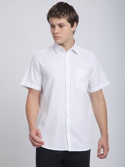 R&B - White Cotton Regular Fit Point Collar Solid Men's Shirt