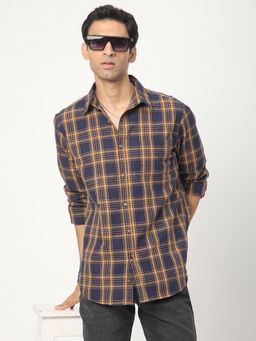 R&B - Navy Blue Cotton Regular Fit Point Collar Plaid Long Sleeves Men's Shirt