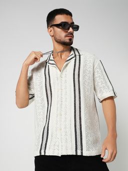 R&B - White Polycotton Regular Fit Cuban Collar Textured Men's Shirt