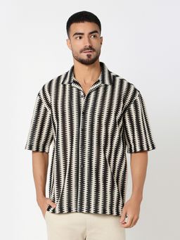 R&B - Men's Beige Stripes Half Sleeves Shirt