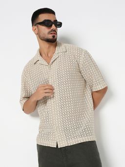 R&B - Men's Beige Textured Casual Shirt
