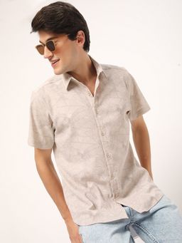 R&B - Beige Polyester Regular Fit Spread Collar Floral Men's Shirt