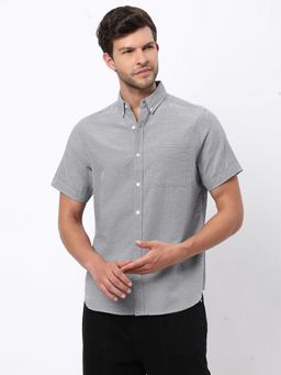R&B - Grey Cotton Blend Regular Fit Button-Down Collar Textured Men's Shirt
