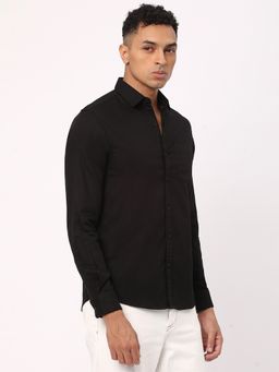 R&B - Black Cotton Regular Fit Point Collar Solid Men's Shirt