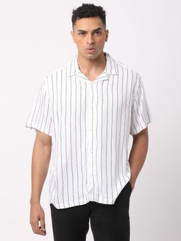 R&B - White Rayon Regular Fit Camp Collar Striped Short Sleeves Men's Shirt