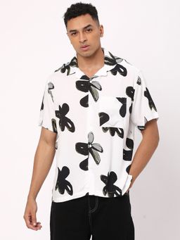 R&B - Men's White Floral Print Half Sleeves Shirt