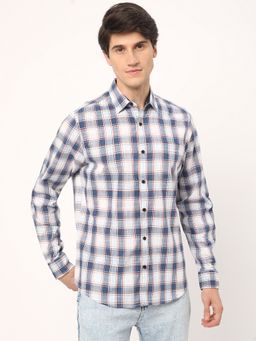 R&B - Blue Cotton Regular Fit Point Collar Checked Full Sleeve Men's Shirt