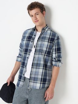 R&B - Navy Blue Cotton Regular Fit Point Collar Checked Men's Shirt