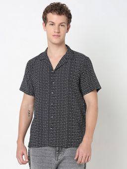 R&B - Black Viscose Regular Fit Cuban Collar Geometric Men's Shirt