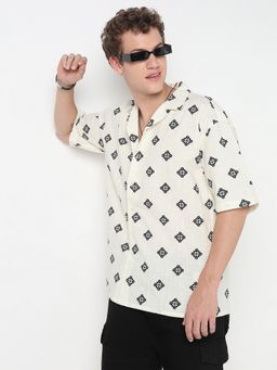 R&B - White Cotton Relaxed Fit Cuban Collar Geometric Printed Men's Shirt