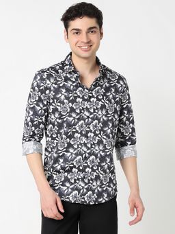 R&B - Black Cotton Slim Fit Point Collar Floral Full Sleeve Men's Shirt