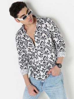 R&B - White Cotton Slim Fit Point Collar Floral Full Sleeve Men's Shirt