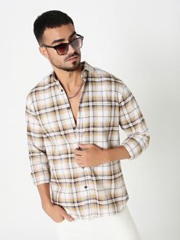 R&B - Men's Beige Checked Full Sleeves Shirt