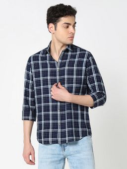 R&B - Men's Navy Blue Checked Full Sleeves Shirt