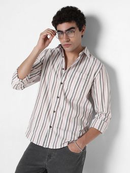R&B - White Cotton Regular Fit Striped Long Sleeves Men's Shirt