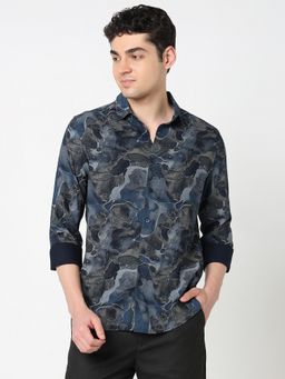 R&B - Navy Blue Rayon Slim Fit Spread Collar Abstract Print Men's Shirt