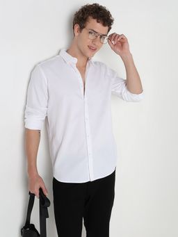 R&B - White Cotton Regular Fit Point Collar Solid Men's Shirt