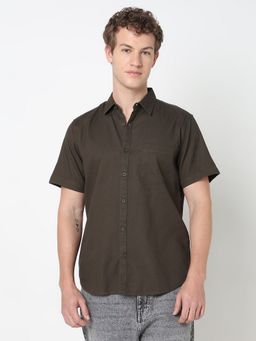 R&B - Brown Cotton Regular Fit Point Collar Solid Dobby Men's Shirt