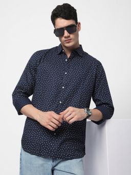 R&B - Navy Blue Cotton Regular Fit Point Collar Printed Long Sleeves Men's Shirt