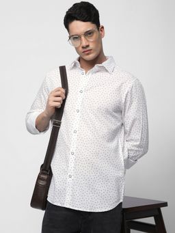 R&B - White Cotton Regular Fit Point Collar Printed Long Sleeves Men's Shirt